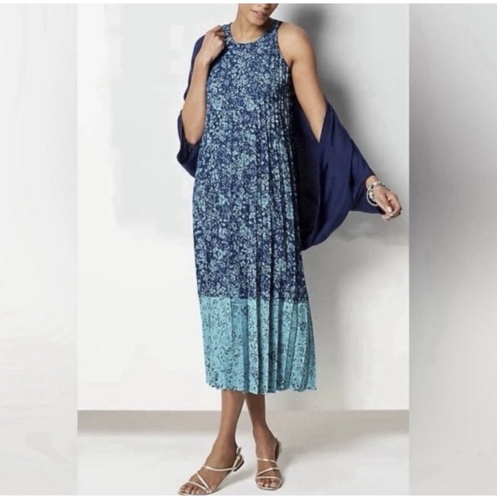 Blue Floral Pleated Tiered Midi Dress - Women's